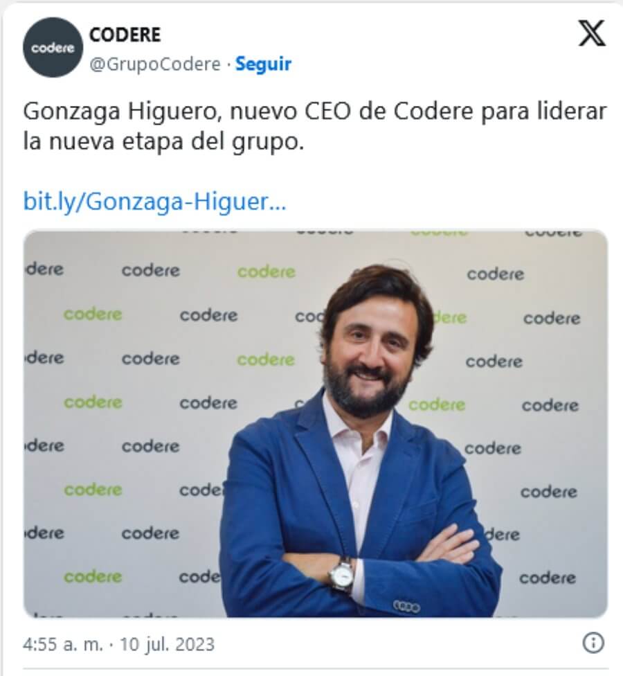 Post de X oficial de Codere de nuevo CEO