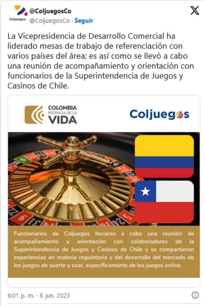 Post de X oficial de Coljuegos de union con Superintendencia de Juegos y Casinos de Chile