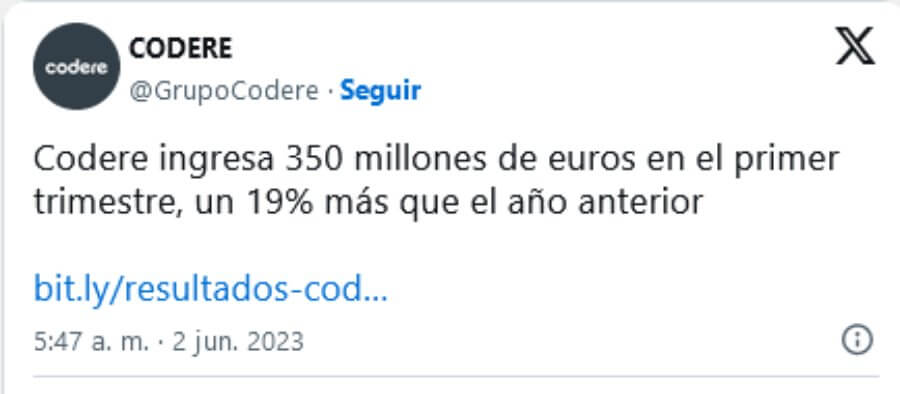 Post de X oficial de ingresos de Codere del 2023