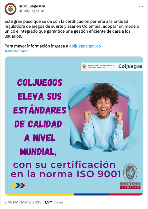 Coljuegos consigue importante certificación ISO 9001