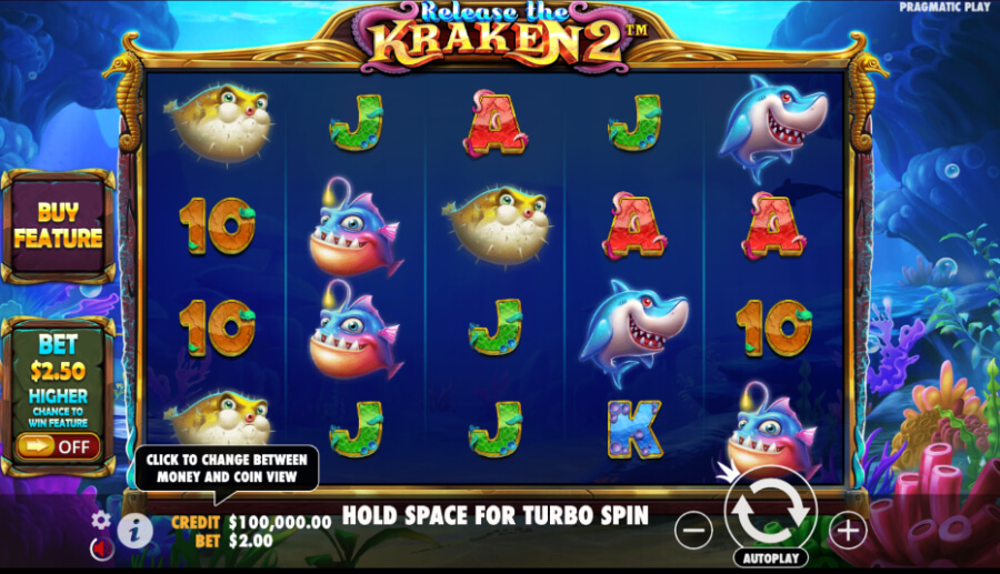 Pantalla de juego de la tragamonedas Release the Kraken 2