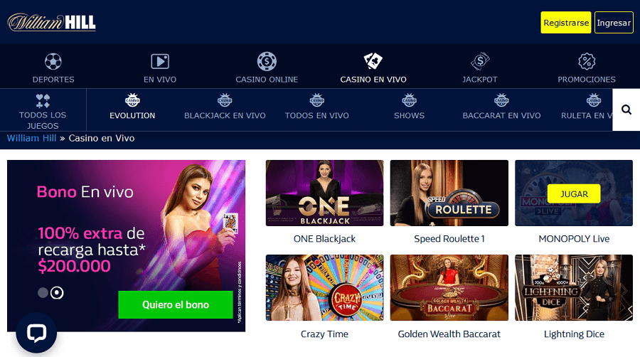 Sección de casino en Vivo William Hill