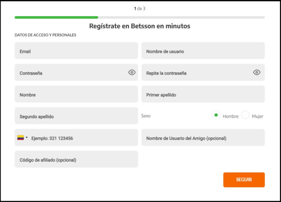 Registro en el casino online de Betsson Colombia