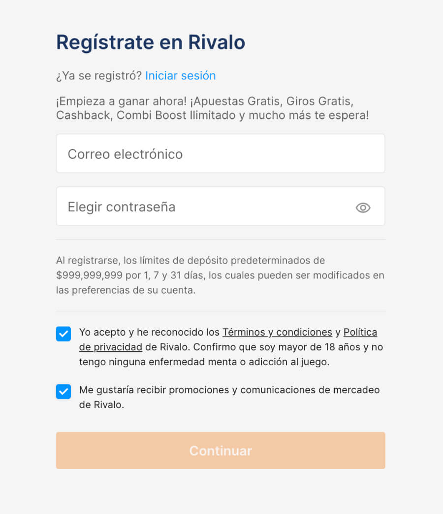 Registro en Rivalo casino Colombia