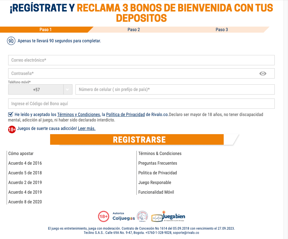 Registro en Rivalo casino Colombia